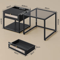 DE.SIKAIC Couchtisch Schwarz / Holzwerkstoff / Modern Moderne schwarze Couchtisch 2er Set | DIY Glastisch mit Schubladen | Für Wohnzimmer, Balkon und Büro