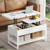DE.SIKAIC Couchtisch Weiß / Holzwerkstoff / Modern 3-in-1 Multifunktionaler Couchtisch Höhenverstellbar Versteckte Aufbewahrung, Offenes Fach, Als Esstisch nutzbar, Weiß