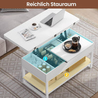 DE.SIKAIC Couchtisch Weiß / Holzwerkstoff / Modern 3-in-1 Multifunktionaler Couchtisch Höhenverstellbar Versteckte Aufbewahrung, Offenes Fach, Als Esstisch nutzbar, Weiß