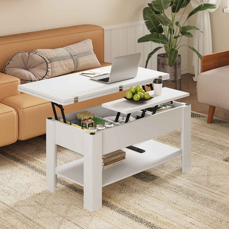 DE.SIKAIC Couchtisch Weiß / Holzwerkstoff / Modern Couchtisch Höhenverstellbar 3-in-1-Multifunktions-Wohnzimmertisch Kaffeetisch Als Esstisch nutzbar, Weiß