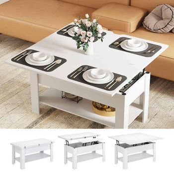 DE.SIKAIC Couchtisch Weiß / Holzwerkstoff / Modern Couchtisch Höhenverstellbar 3-in-1-Multifunktions-Wohnzimmertisch Kaffeetisch Als Esstisch nutzbar, Weiß