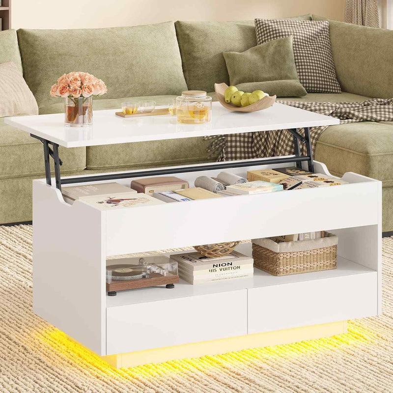 DE.SIKAIC Couchtisch Weiß / Holzwerkstoff / Modern Couchtisch Höhenverstellbar mit LED-Beleuchtung, 2 Schubladen, verstecktem Stauraum Weiß