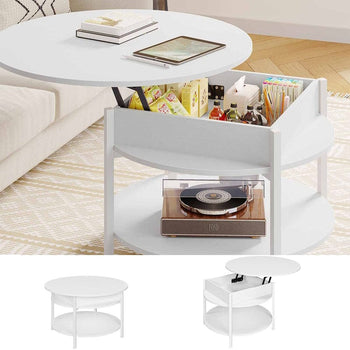 DE.SIKAIC Couchtisch Weiß / Holzwerkstoff / Modern Couchtisch Rund Höhenverstellbarer Kaffeetisch Wohnzimmertisch mit Verstecktem Stauraum Weiß