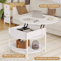 DE.SIKAIC Couchtisch Weiß / Holzwerkstoff / Modern Couchtisch Rund Höhenverstellbarer Kaffeetisch Wohnzimmertisch mit Verstecktem Stauraum Weiß
