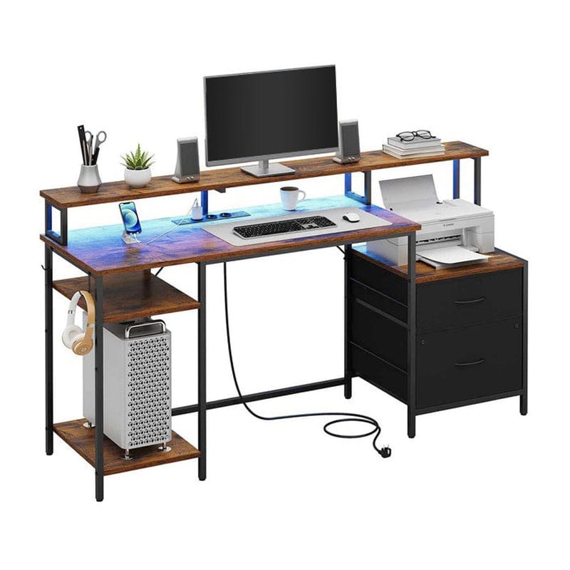 DE.SIKAIC Gaming Tisch Braun / Legierter Stahl / Modern Gaming Tisch mit led und Steckdose mit Druckerregal und Monitorständer 2 Haken Computertisch Braun