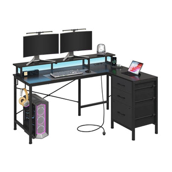 DE.SIKAIC Gaming Tisch ‎‎Schwarz / Holzwerkstoff / Moderne Gaming Tisch Form L mit LED und Steckdose Monitorständer und Verstellbare Ablagen Schwarz