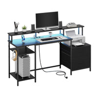 DE.SIKAIC Gaming Tisch Schwarz / Legierter Stahl / Modern Gaming Tisch mit led und Steckdose mit Druckerregal und Monitorständer 2 Haken Computertisch Schwarz