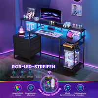 DE.SIKAIC Gaming Tisch Schwarz / Legierter Stahl / Modern Gaming Tisch mit led und Steckdose mit Druckerregal und Monitorständer 2 Haken Schwarz