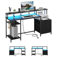 DE.SIKAIC Gaming Tisch Schwarz / Legierter Stahl / Modern Gaming Tisch mit led und Steckdose mit Druckerregal und Monitorständer 2 Haken Schwarz