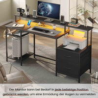 DE.SIKAIC Gaming Tisch Schwarz / Legierter Stahl / Modern Gaming Tisch mit led und Steckdose mit Druckerregal und Monitorständer 2 Haken Schwarz