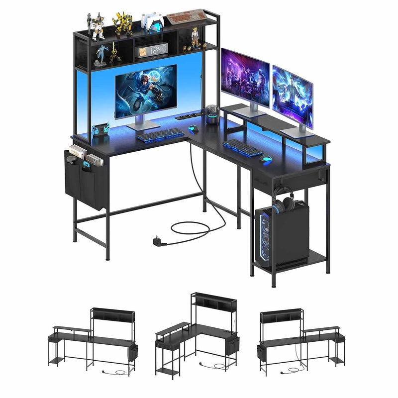 DE.SIKAIC Gaming Tisch Schwarz / Legierter Stahl / Modern L Form Gaming Schreibtisch mit LED,  Reversibel Computertisch mit Bücherregal und Monitorständer, Gaming Tisch mit Steckdose Schwarz