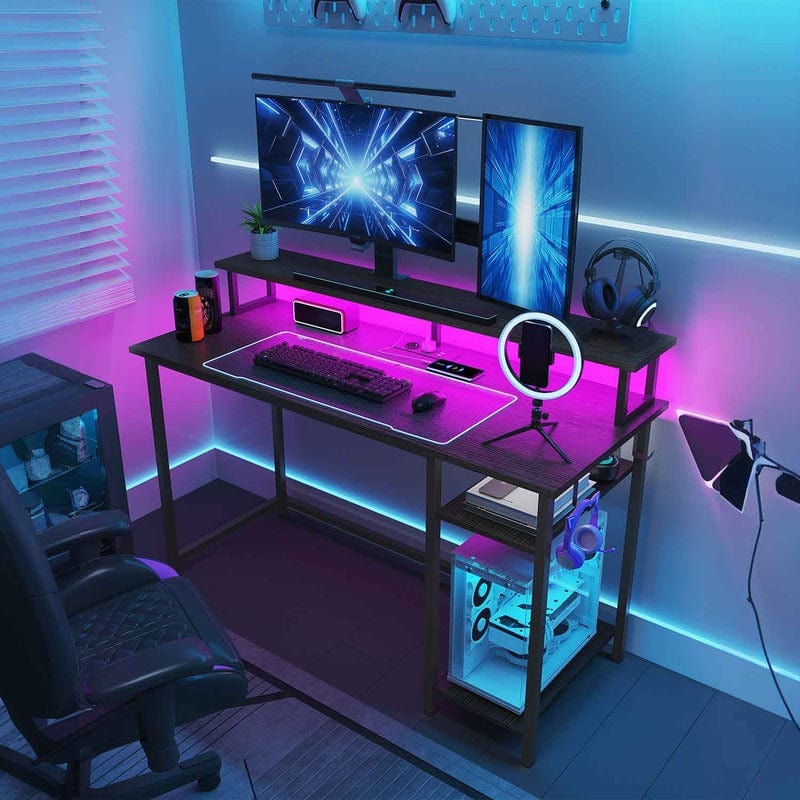 DE.SIKAIC Gaming Tisch Schwarz / Modern Gaming Tisch mit LED, Steckdose, 2 Haken, verstellbare Ablagen, Schwarz