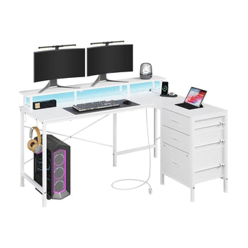 DE.SIKAIC Gaming Tisch Weiß / Holzwerkstoff / Moderne Gaming Tisch Form L mit LED und Steckdose Monitorständer und Verstellbare Ablagen Weiß