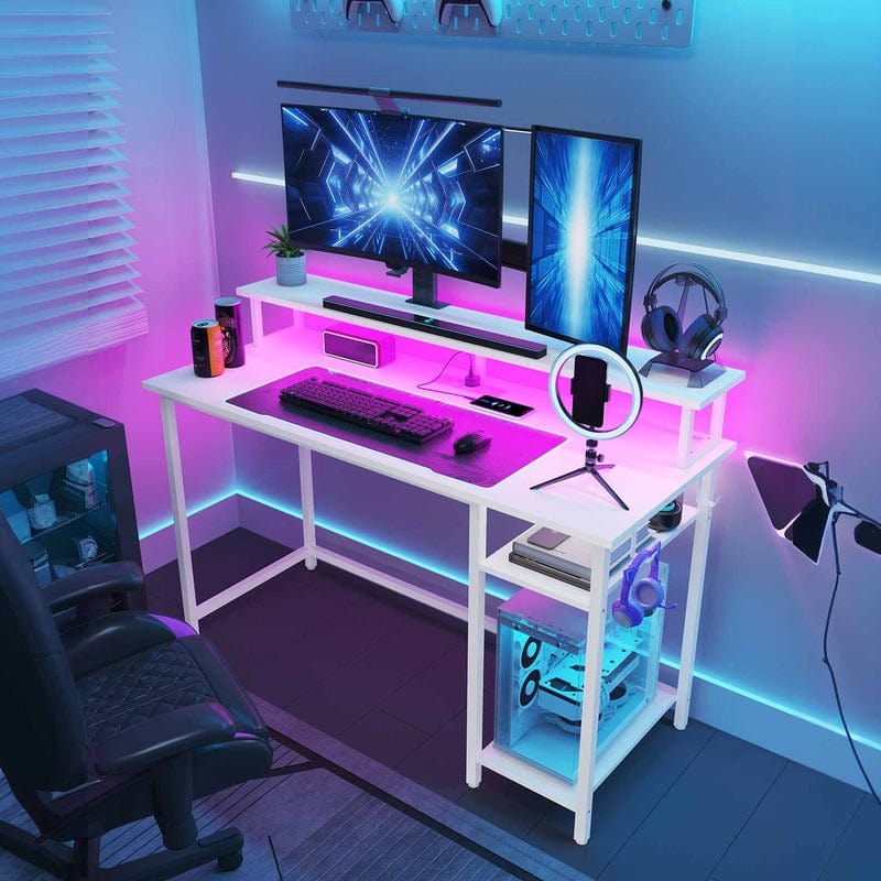 DE.SIKAIC Gaming Tisch Weiß / Modern Gaming Tisch mit LED, Steckdose, 2 Haken, verstellbare Ablagen, Weiß