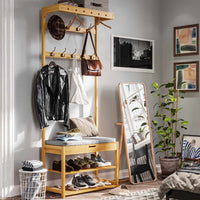 DE.SIKAIC Garderobenständer Bambus / Bambus / Klassisch Garderobenständer mit Sitzbank, Kleiderständer mit 10 Haken und Schuhregal, Stauraum unter der Sitzfläche, aus Bambus, 175 cm