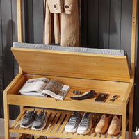 DE.SIKAIC Garderobenständer Bambus / Bambus / Klassisch Garderobenständer mit Sitzbank, Kleiderständer mit 10 Haken und Schuhregal, Stauraum unter der Sitzfläche, aus Bambus, 175 cm