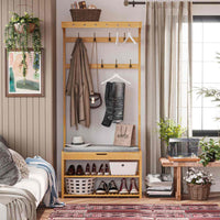 DE.SIKAIC Garderobenständer Bambus / Bambus / Klassisch Garderobenständer mit Sitzbank, Kleiderständer mit 10 Haken und Schuhregal, Stauraum unter der Sitzfläche, aus Bambus, 175 cm