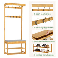 DE.SIKAIC Garderobenständer Bambus / Bambus / Klassisch Garderobenständer mit Sitzbank, Kleiderständer mit 10 Haken und Schuhregal, Stauraum unter der Sitzfläche, aus Bambus, 175 cm