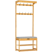 DE.SIKAIC Garderobenständer Bambus / Bambus / Klassisch Garderobenständer mit Sitzbank, Kleiderständer mit 10 Haken und Schuhregal, Stauraum unter der Sitzfläche, aus Bambus, 175 cm
