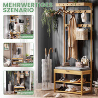 DE.SIKAIC Garderobenständer Bambus / Bambus / Klassisch Garderobenständer mit Sitzbank, Kleiderständer mit 10 Haken und Schuhregal, Stauraum unter der Sitzfläche, aus Bambus, 175 cm