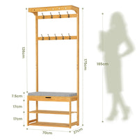 DE.SIKAIC Garderobenständer Bambus / Bambus / Klassisch Garderobenständer mit Sitzbank, Kleiderständer mit 10 Haken und Schuhregal, Stauraum unter der Sitzfläche, aus Bambus, 175 cm