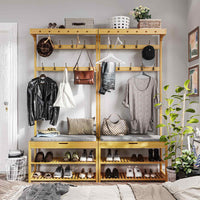 DE.SIKAIC Garderobenständer Bambus / Bambus / Klassisch Garderobenständer mit Sitzbank, Kleiderständer mit 10 Haken und Schuhregal, Stauraum unter der Sitzfläche, aus Bambus, 175 cm