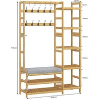 DE.SIKAIC Garderobenständer Bambus / Bambus / Klassisch Garderobenständer mit Schuhbank,Kleiderständer mit 5 Aufbewahrungsregale, Schuhregal, 10 Doppelhaken
