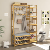 DE.SIKAIC Garderobenständer Bambus / Bambus / Klassisch Garderobenständer mit Schuhbank,Kleiderständer mit 5 Aufbewahrungsregale, Schuhregal, 10 Doppelhaken