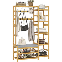 DE.SIKAIC Garderobenständer Bambus / Bambus / Klassisch Garderobenständer mit Schuhbank,Kleiderständer mit 5 Aufbewahrungsregale, Schuhregal, 10 Doppelhaken