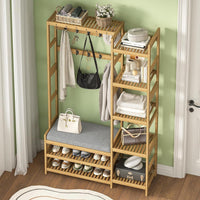 DE.SIKAIC Garderobenständer Bambus / Bambus / Klassisch Garderobenständer mit Schuhbank,Kleiderständer mit 5 Aufbewahrungsregale, Schuhregal, 10 Doppelhaken