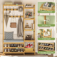 DE.SIKAIC Garderobenständer Bambus / Bambus / Klassisch Garderobenständer mit Schuhbank,Kleiderständer mit 5 Aufbewahrungsregale, Schuhregal, 10 Doppelhaken