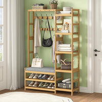 DE.SIKAIC Garderobenständer Bambus / Bambus / Klassisch Garderobenständer mit Schuhbank,Kleiderständer mit 5 Aufbewahrungsregale, Schuhregal, 10 Doppelhaken