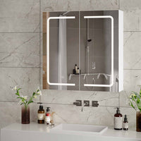 DE.SIKAIC Hängeschränke 65 cm Badspiegelschrank mit Beleuchtung, 2 Türen, verstellbaren Ablagen, 3 Farbtemperaturen, dimmbar, Weiß