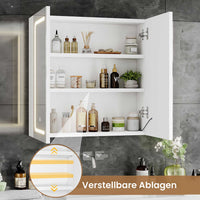 DE.SIKAIC Hängeschränke 65 cm Badspiegelschrank mit Beleuchtung, 2 Türen, verstellbaren Ablagen, 3 Farbtemperaturen, dimmbar, Weiß