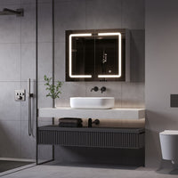 DE.SIKAIC Hängeschränke Weiß / Glas / Modern 70 cm Spiegelschrank mit LED Beleuchtung und Steckdose Doppeltür Weiß