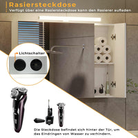 DE.SIKAIC Hängeschränke Weiß / Holz / Modern Badschrank Spiegelschrank mit 3 Türen und Glasablage Hängeschrank Beleuchtung Steckdose Weiß