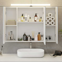 DE.SIKAIC Hängeschränke Weiß / Holz / Modern Badschrank Spiegelschrank mit 3 Türen und Glasablage Hängeschrank Beleuchtung Steckdose Weiß