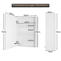 DE.SIKAIC Hängeschränke Weiß / Holzwerkstoff / Modern 50 cm Einzeltür Spiegelschrank Bad mit LED Beleuchtung mit Einstellbar Ablage