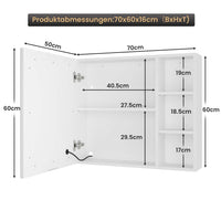 DE.SIKAIC Hängeschränke Weiß / Holzwerkstoff / Modern 70 cm Einzeltür Spiegelschrank Bad mit LED Beleuchtung mit Einstellbar Ablage und Offener Speicherplatz