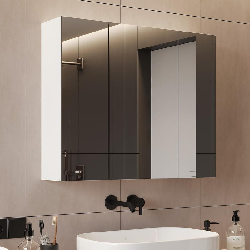 DE.SIKAIC Hängeschränke Weiß / Holzwerkstoff / Modern Spiegelschrank Bad mit 3 Türen Spiegel und Verstellbarem Regal 70x60x16cm Weiß