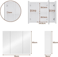 DE.SIKAIC Hängeschränke Weiß / Modern / Holzwerkstoff 70 cm Spiegelschrank mit 3 verstellbaren Einlegeböden und 3 Türen Weiß