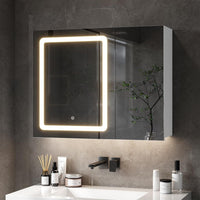 DE.SIKAIC Hängeschränke Weiß / Stein / Modern 70cm 2 Türen Spiegelschrank mit 2 LED Streifen, Badspiegelschrank mit Beleuchtung Badezimmer