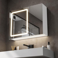 DE.SIKAIC Hängeschränke Weiß / Stein / Modern 70cm 2 Türen Spiegelschrank mit 2 LED Streifen, Badspiegelschrank mit Beleuchtung Badezimmer