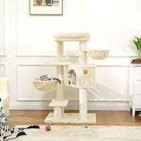 DE.SIKAIC Kratzbäume Beige / Plüschstoffe / Modern kratzbaum 120cm  mit extra Dicke Stämme, große Aussichtsplattform, verstellbar Grundplatte, Liegemulde, Stabil Kletterbaum