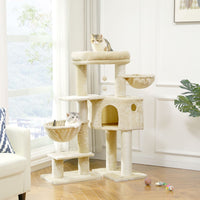 DE.SIKAIC Kratzbäume Beige / Plüschstoffe / Modern kratzbaum 120cm  mit extra Dicke Stämme, große Aussichtsplattform, verstellbar Grundplatte, Liegemulde, Stabil Kletterbaum