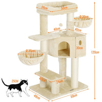 DE.SIKAIC Kratzbäume Beige / Plüschstoffe / Modern kratzbaum 120cm  mit extra Dicke Stämme, große Aussichtsplattform, verstellbar Grundplatte, Liegemulde, Stabil Kletterbaum