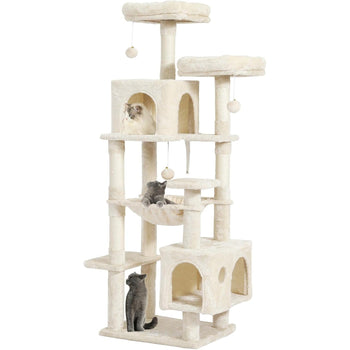 DE.SIKAIC Kratzbäume Beige / Plüschstoffe / Modern Großer Katzenkratzbaum – Stabiler 160 cm Katzenbaum mit 2 Plattformen, 2 Katzenhöhlen, 1 Hängematte und mehrstöckigem Kletterdesign (Beige)