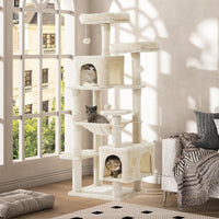 DE.SIKAIC Kratzbäume Beige / Plüschstoffe / Modern Großer Katzenkratzbaum – Stabiler 160 cm Katzenbaum mit 2 Plattformen, 2 Katzenhöhlen, 1 Hängematte und mehrstöckigem Kletterdesign (Beige)