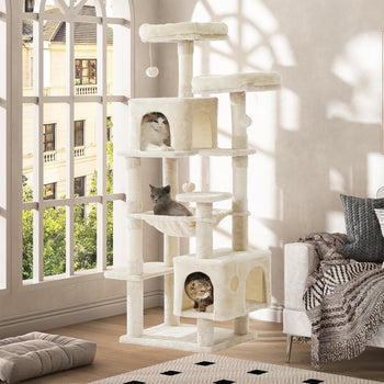DE.SIKAIC Kratzbäume Beige / Plüschstoffe / Modern Großer Katzenkratzbaum – Stabiler 160 cm Katzenbaum mit 2 Plattformen, 2 Katzenhöhlen, 1 Hängematte und mehrstöckigem Kletterdesign (Beige)