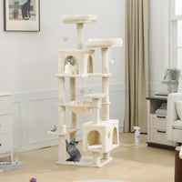 DE.SIKAIC Kratzbäume Beige / Plüschstoffe / Modern Großer Katzenkratzbaum – Stabiler 160 cm Katzenbaum mit 2 Plattformen, 2 Katzenhöhlen, 1 Hängematte und mehrstöckigem Kletterdesign (Beige)